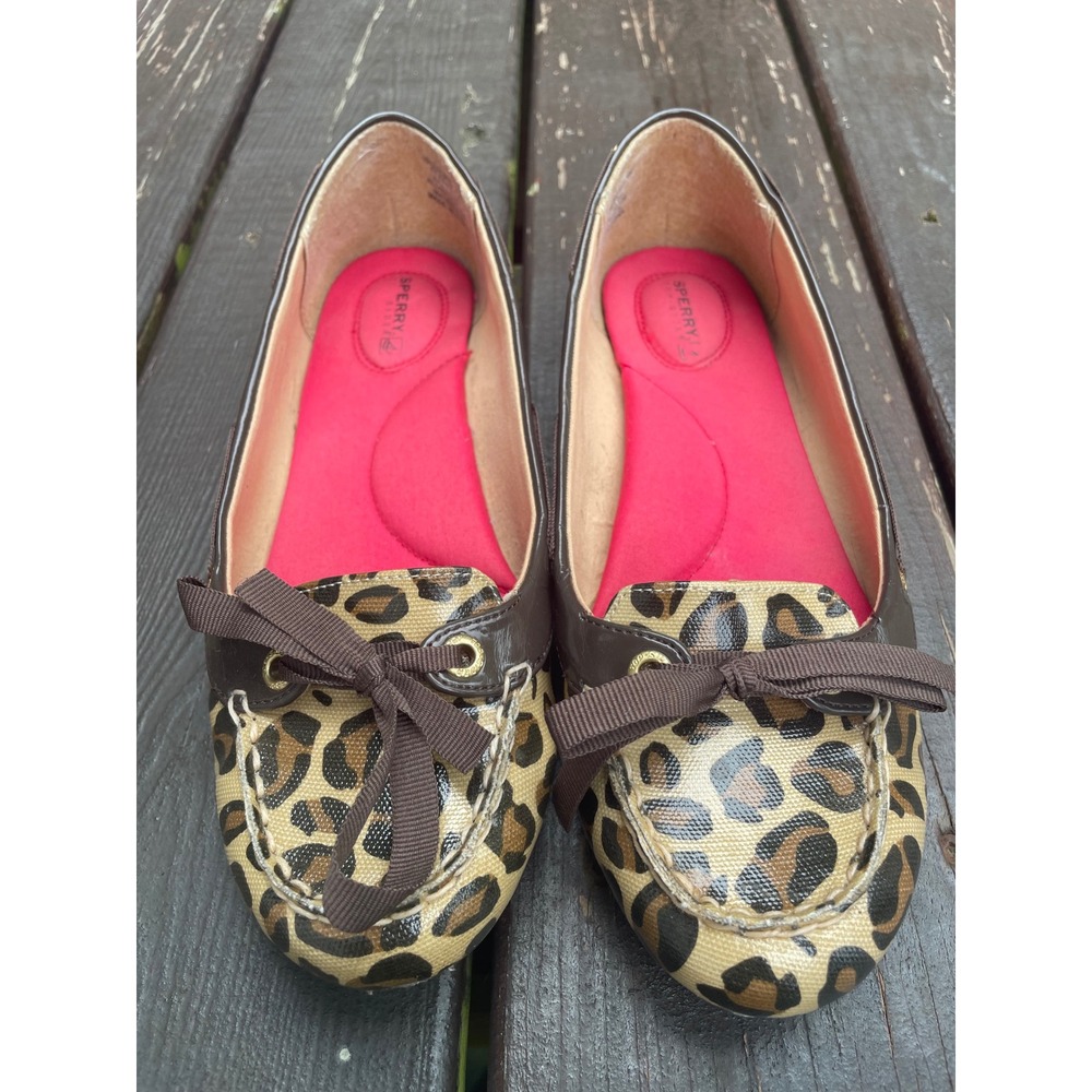 Sperry Top-Sider Women Leopard Print Flats Brown Pink Trim Moc Toe Shoes 9M
